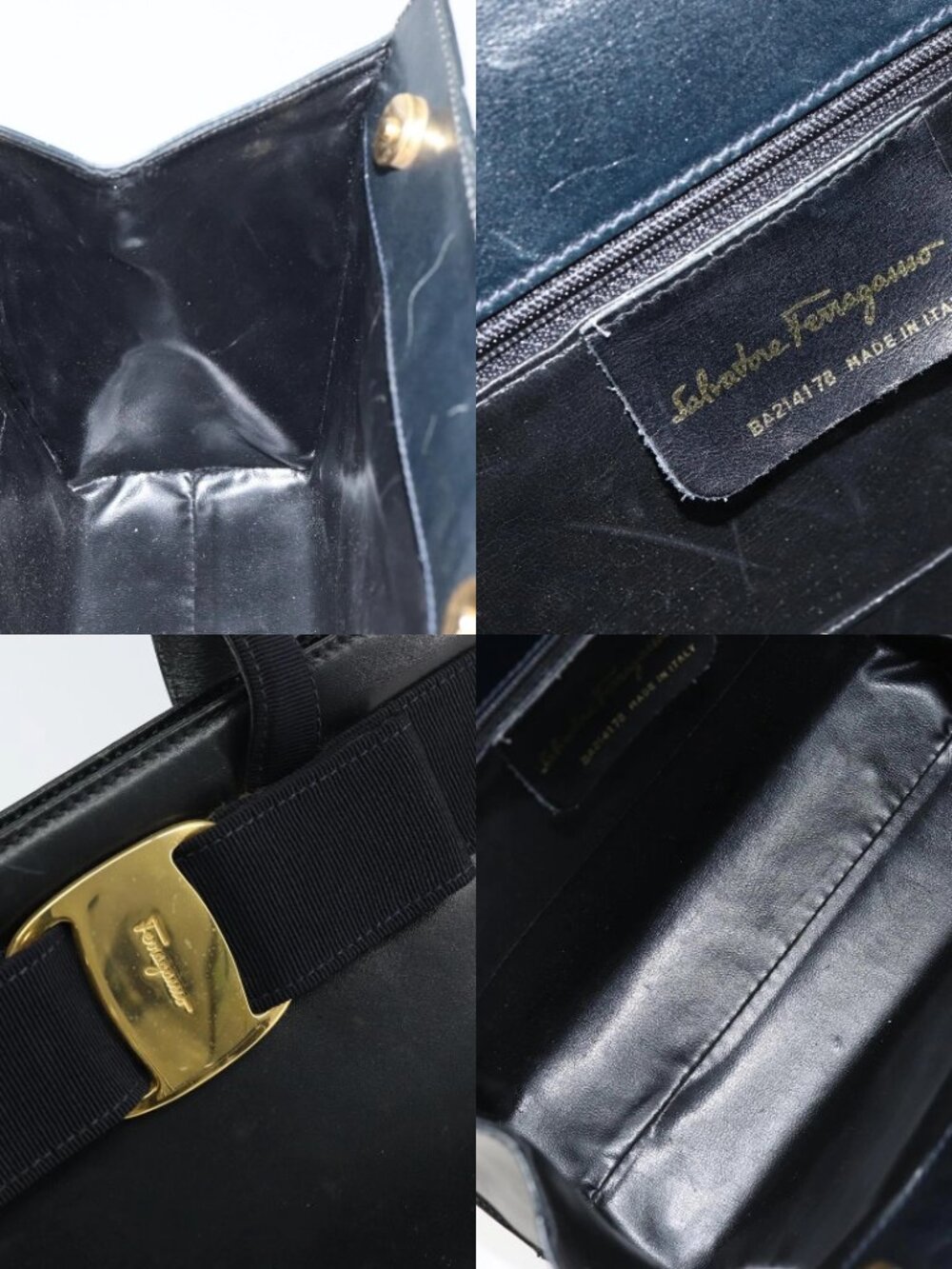 Salvatore Ferragamo Vala Hand Bag Leather Navy Gold Auth BA8854 - Picture 14 of 15